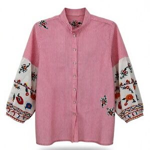 JOHN MARK Pink White Stripe Embroidered Balloon Sleeve Linen Blend Shirt XL